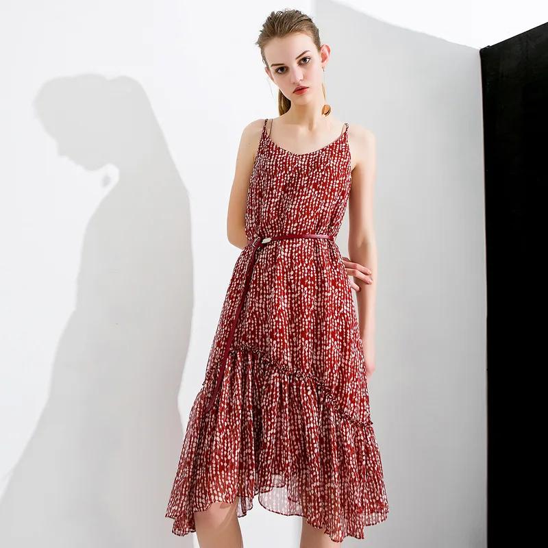 2019 Summer Floral Print Chiffon Women Dress New Style V-neck Spaghetti Strap Knee-length Sleeveless | Женская одежда