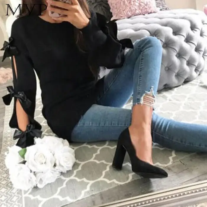 Beige Sweater Regular Long Sleeve Bow Casual Black Knitted Pink Autumn Hollow Tops Gray O-Neck Loose Women Solid | Женская одежда