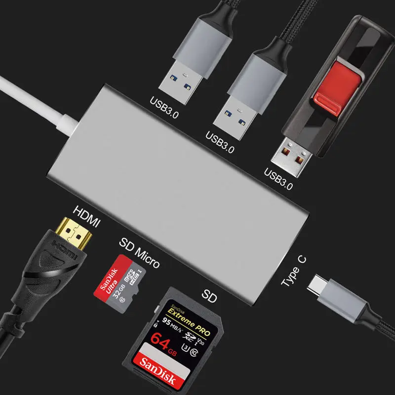 7 в 1 Usb C концентратор адаптер с 3 портами 0/Hdmi выход/Type зарядный порт/Sd/Micro Sd