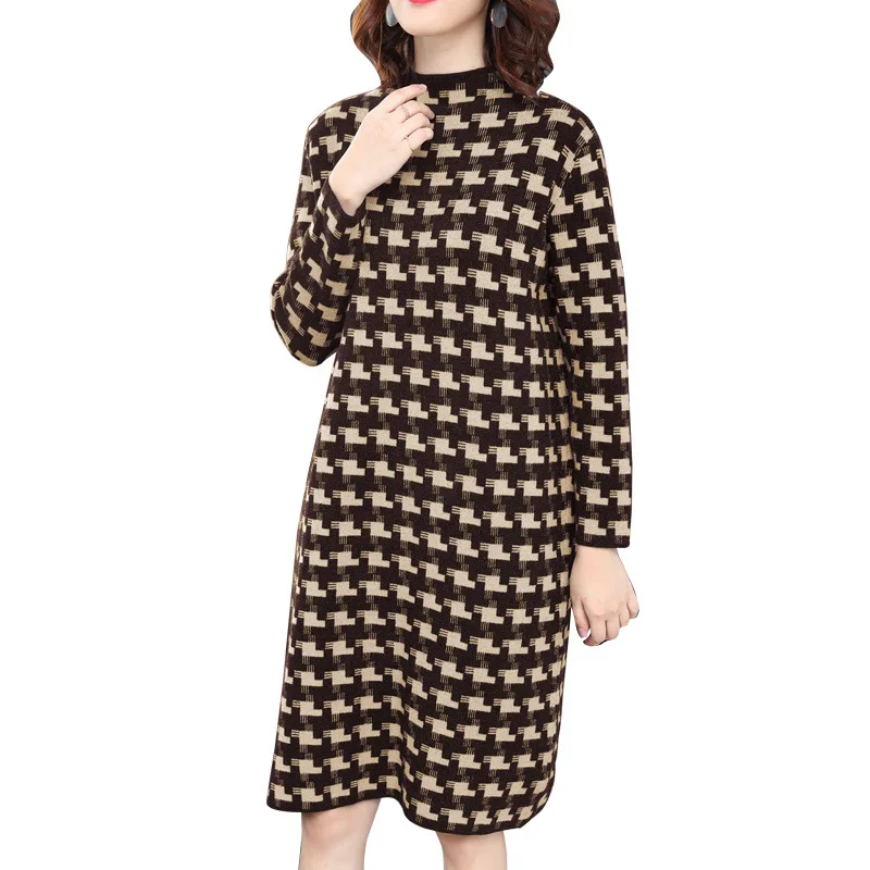 

2018 Autumn New Pattern European Will Code Easy Thin Plover Grid Long Fund Rendering Knitting Dress