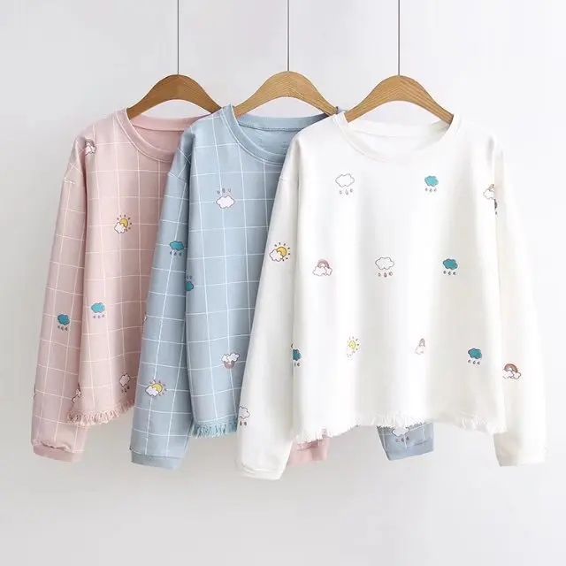 Новые женские толстовки Kawaii Harajuku клетчатый принт в стиле преппи милый дизайн