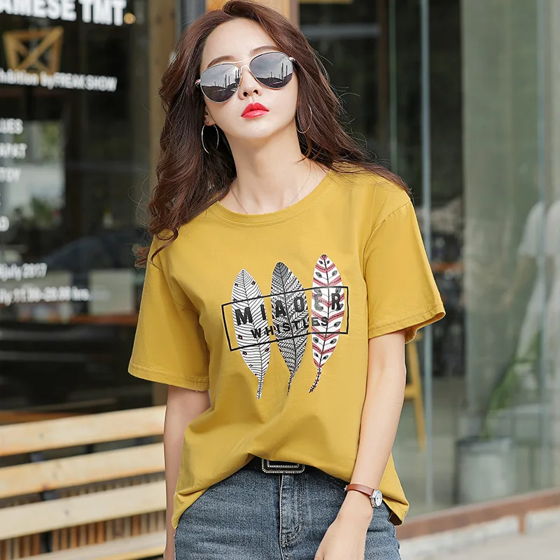 2019 Новое поступление Корейская женская футболка перо принт короткий рукав