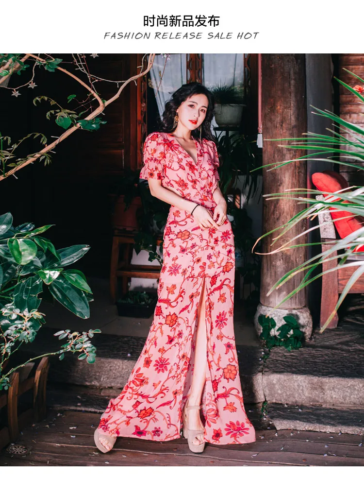 Asymmetrical V Neck Bohemian Maxi Dresses for Women Cotton Short Sleeve Summer Beach Empire Ruffles Floral Vestidos | Женская одежда