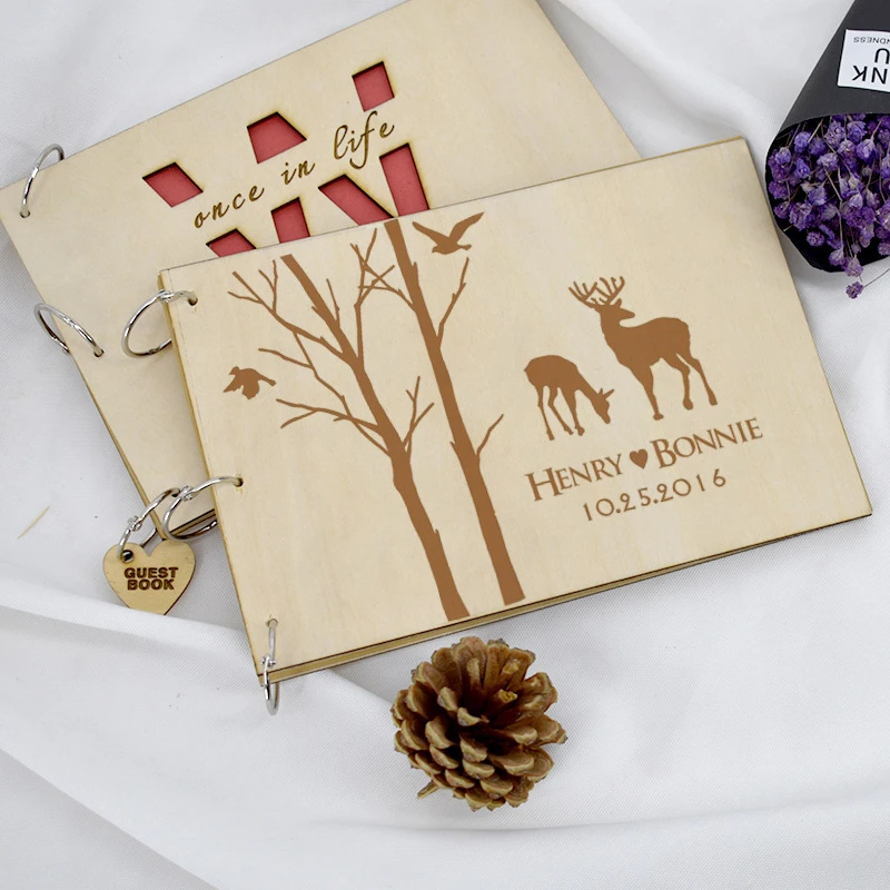 А5 Персонализированная Свадебная Гостевая книга деревянная подпись альбом