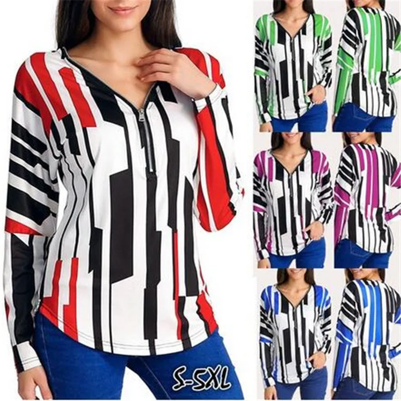 2020 Stripped T Shirt New Fashion Clothes Women Summer Tops Loose Plus Size V Neck Zipper Tshirt Harajuku Streetwear Okd825 | Женская