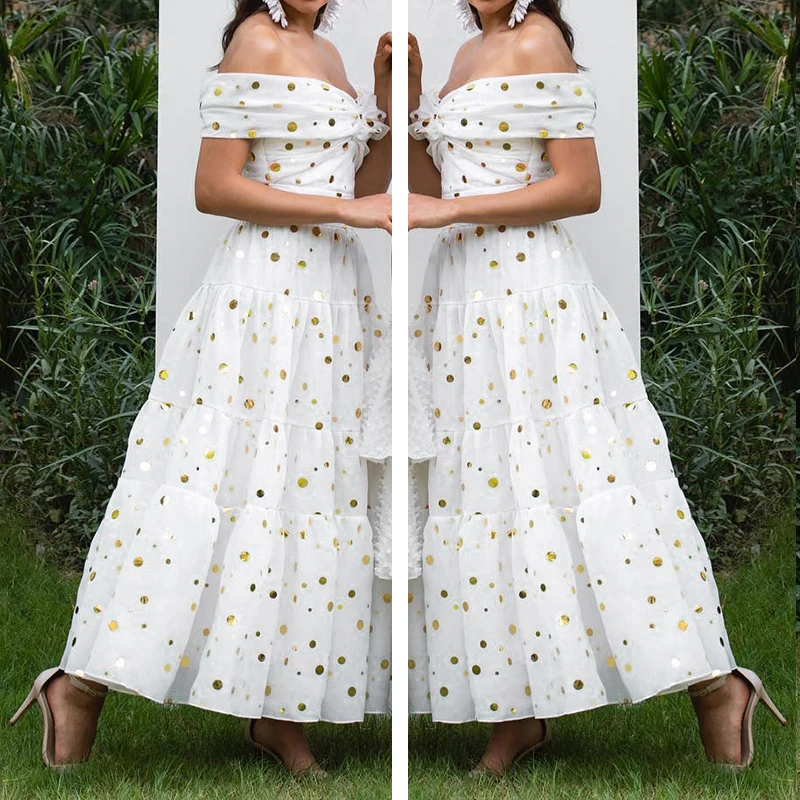 Женское летнее сексуальное платье с открытыми плечами в горошек милое принцессы