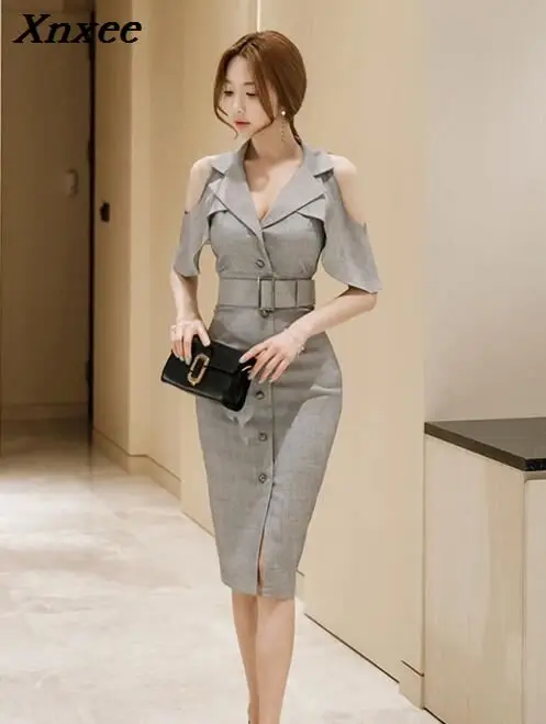 Korean Summer Women Office Xnxee Dress 2020 Fashion Business Gray Off Shoulder Butterfly Sleeve Female Notched Collar Work | Женская