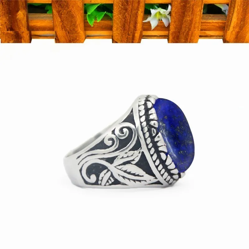 Oval Lapis Lazuli Stainless Steel Rings Natural Stone Leaf Plant Vintage Fashion Jewelry TR730 |