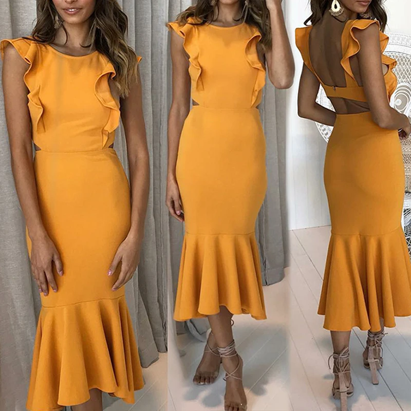

Sexy Women's Strappy Backless Dresses Female Sleeveless Ruffles Dress Fashion Vestidos Frill Hem Mid-Calf Long Mermaid Dress