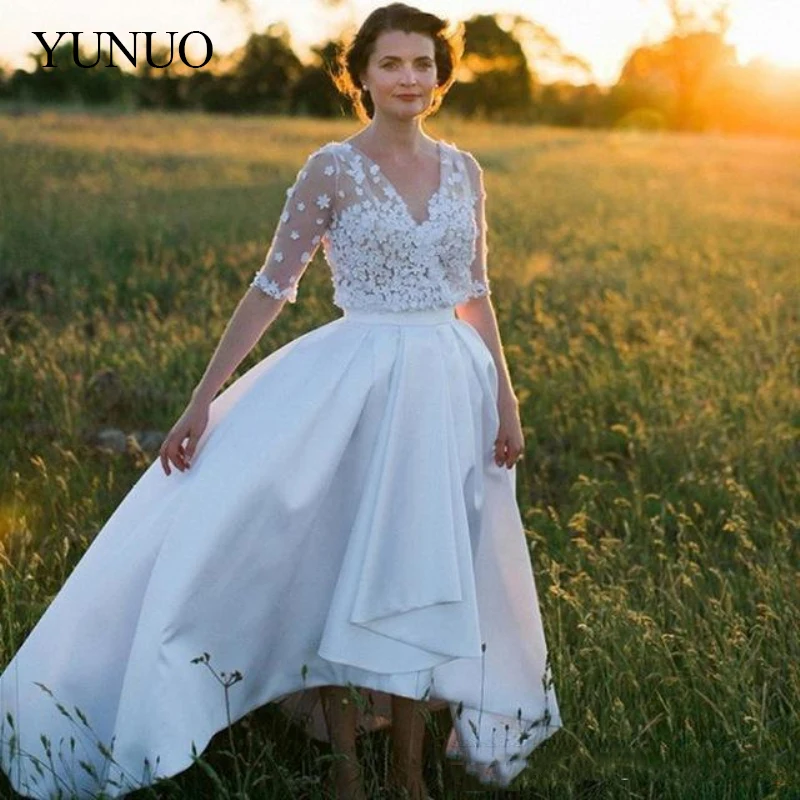 Yunuo 2019 Высокий Низкий Свадебные платья в стиле Country с цветами Иллюзия половина без