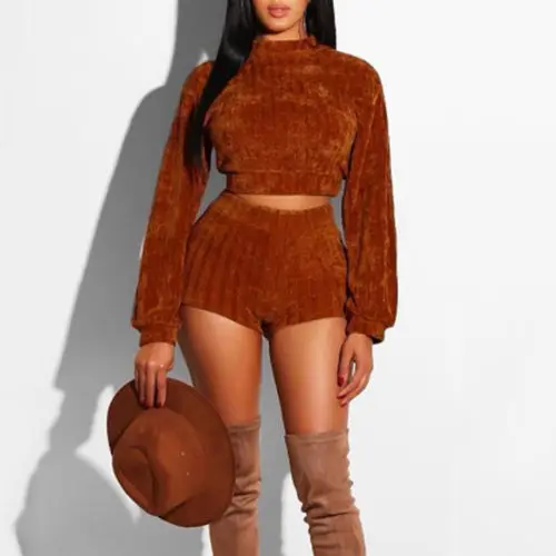 

2Pcs Newest Women's Crop Top Long Pants Set Two Piece Pullover Long Sleeve Top Sweatshirt Outfits +Shorts Casual Clothes Sets