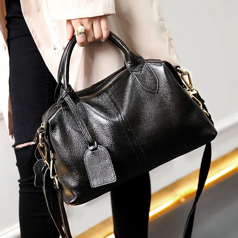 

New Women Boston Genuine Leather Portable Oblique Satchel Package Travel Single Shoulder Handbag Cross Body Bag Large Capacity