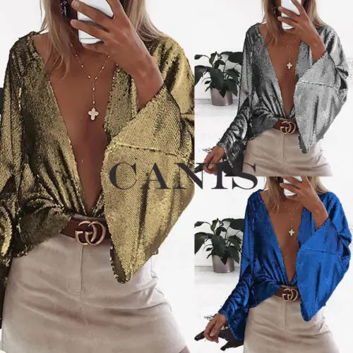Newly Fashion Lady Women Sexy Sequin Blouse Long Trumpet Sleeve Cardigan Shirt Spring Autumn Tops | Женская одежда