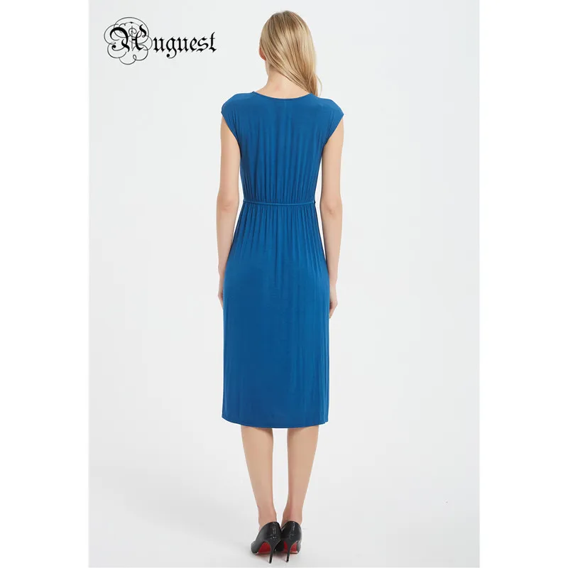 

2019 New Arrival Formal Dress Women Elegant Short Sleeve Blue Midi Dresses V Neck Spring Summer Wear