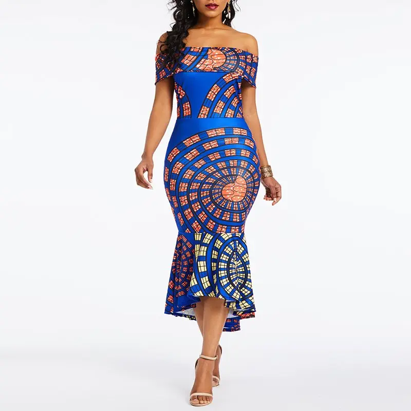 Women Sexy Maxi Dress Elegant Blue Mermaid Bodycon Off Shoulder Ruffles Party Evening Print 2019 Summer Long Dresses | Женская одежда