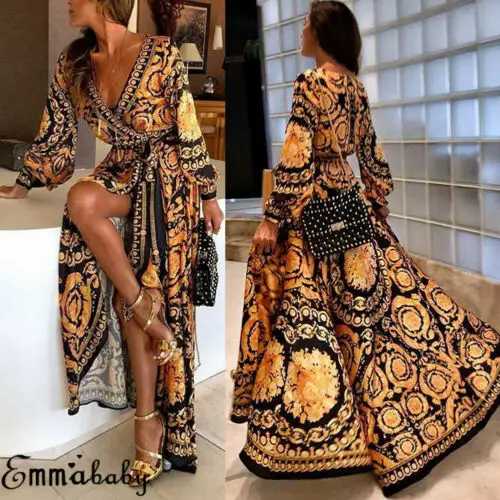 Женское длинное винтажное платье бохо макси с цветочным принтом и разрезом