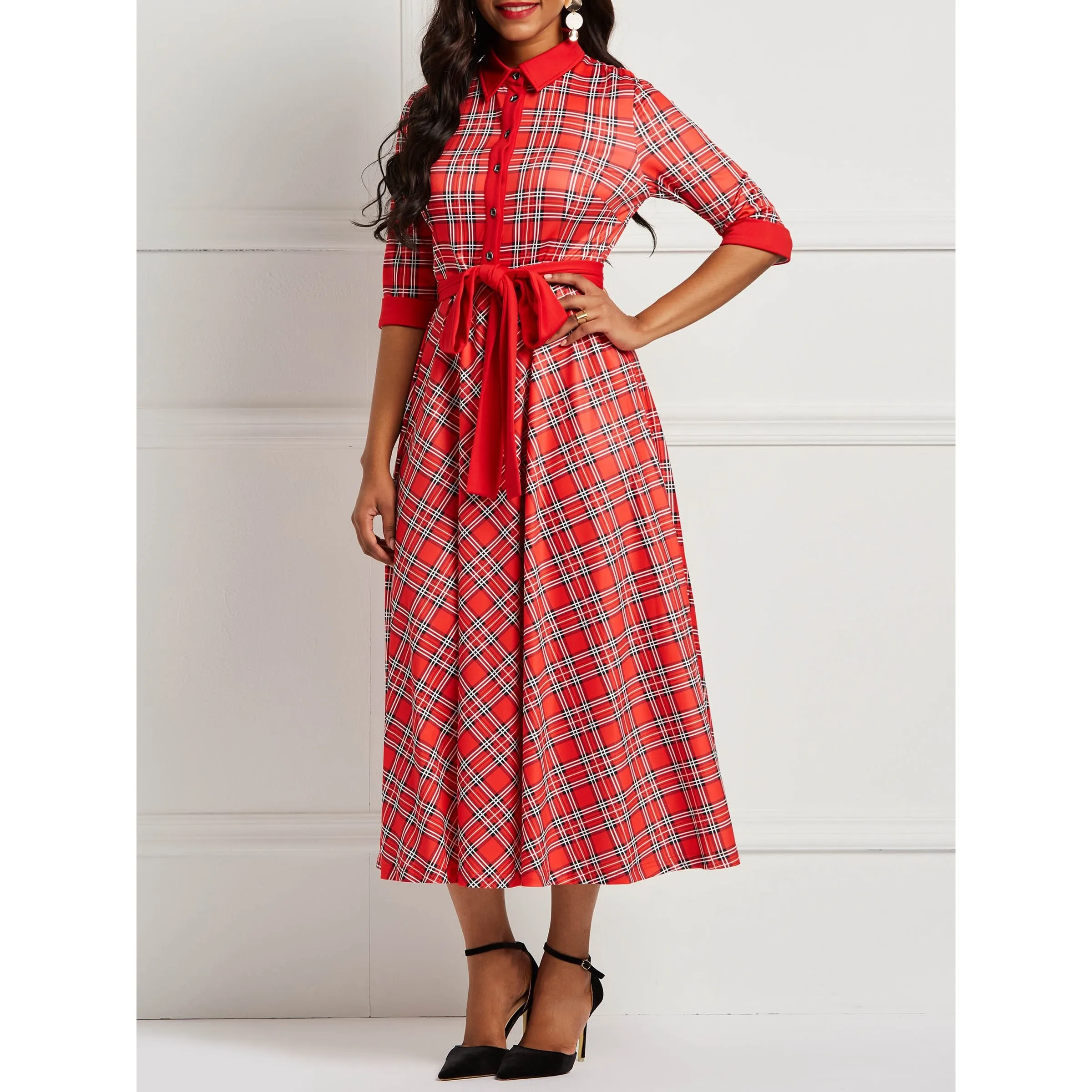Для женщин Макси платья Винтаж элегантные свободные клетчатым карманом принт