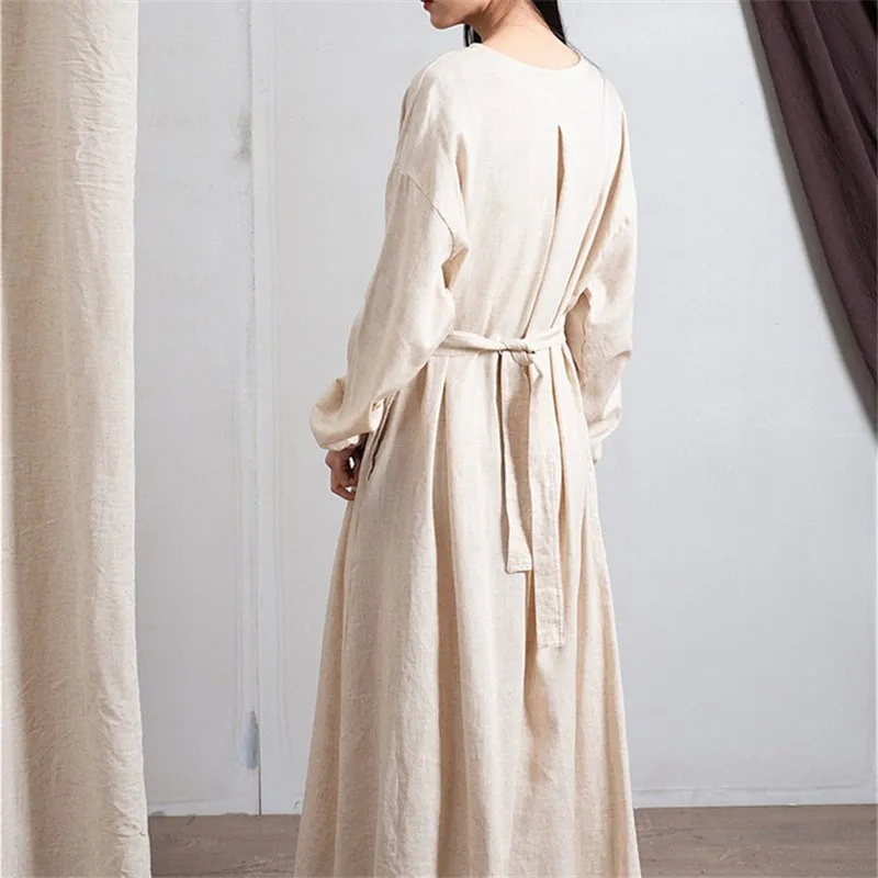 Новинка весны 2019 свободное хлопковое льняное платье с длинным рукавом винтажное