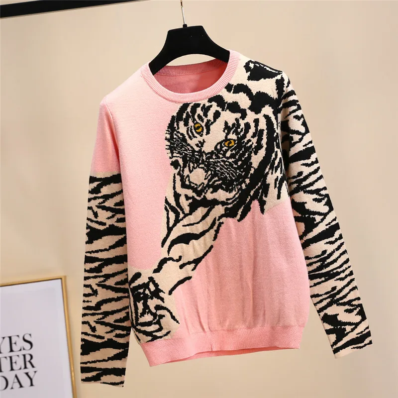 2019 Spring Vintage Women Tiger Print Knitted Sweaters Pullovers Runway Long Sleeve Female Streetwear Sweater Jumper Clothing | Женская