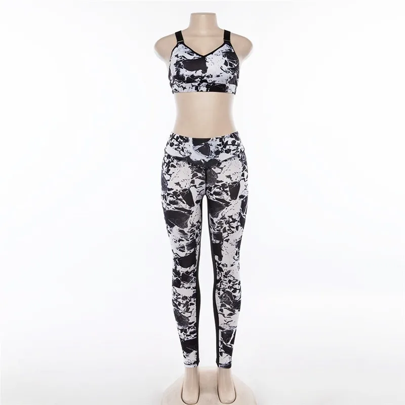 Women Fitness Suit Crop Tank Workout Printed Cross Bra High Waist Legging Pants 2 Pieces Set 2018 Fashion Female Sexy Tracksuit | Женская