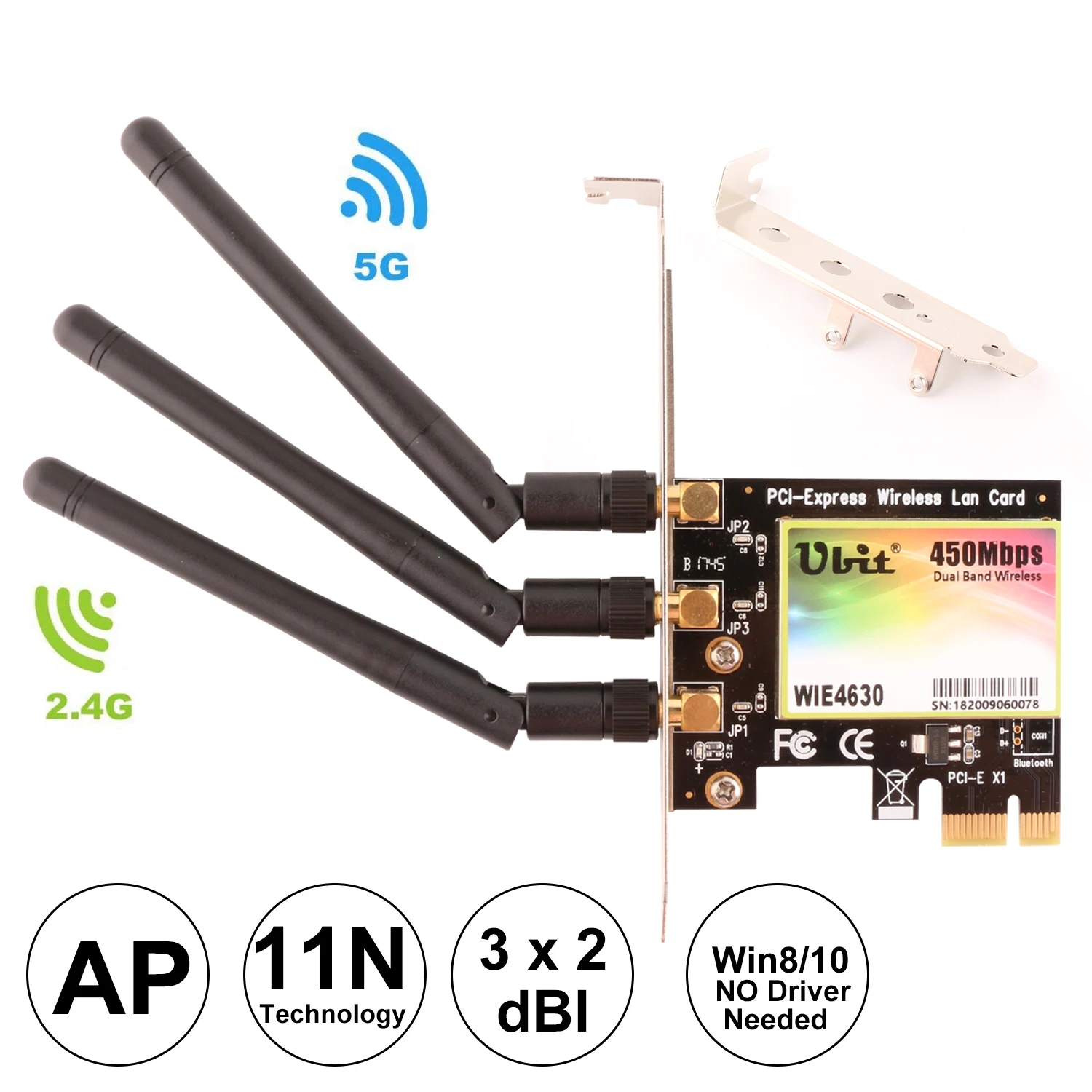 

Ubit Wireless Dual Band PCI Express Adapter, with speed up WiFi Card AP 11N 450Mbps 2.4G/5G Wi-Fi Network Card for Desktop PC