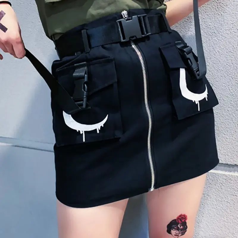 Для женщин юбка мини лето 2019 Harajuku мода готический луна печати молния уличная