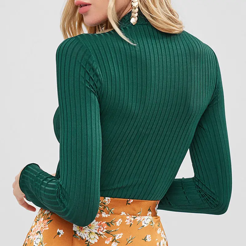 New Womens Ladies Long Sleeve Stretch High Turtle Neck Knitted Crop Top T Shirt Short Tops Tee Shirts | Женская одежда