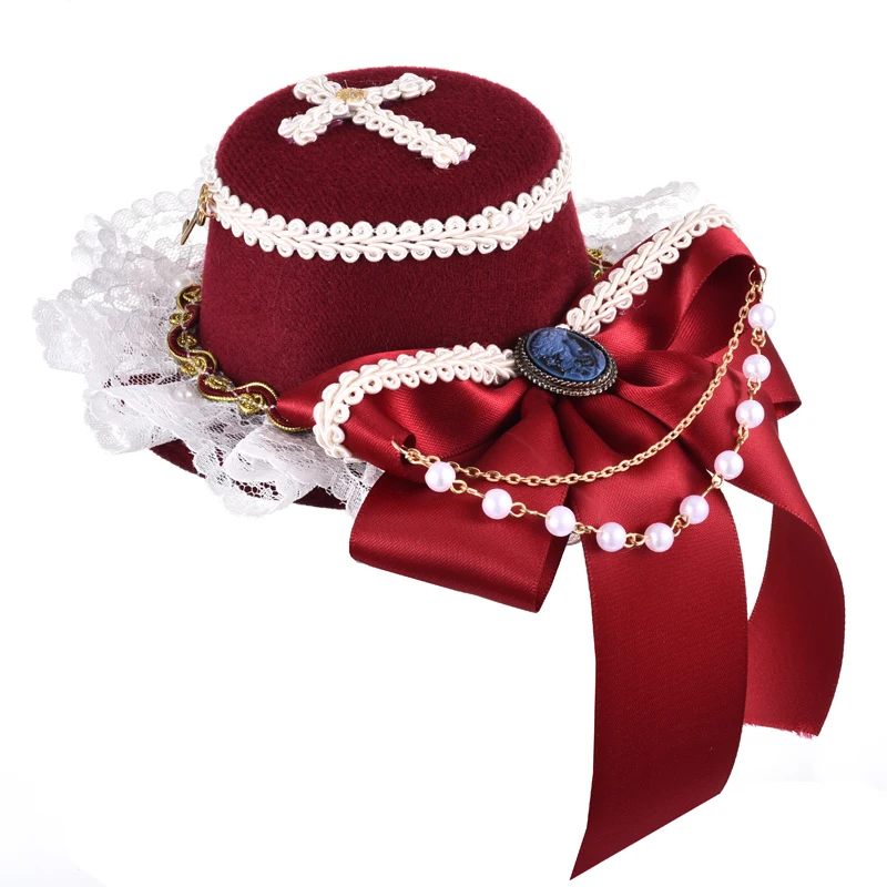 

Lolita Mini Top Hat Ribbon Bowtie Chain Hats Gothic Hair Clip Accessory Party Mini Hats For Girls