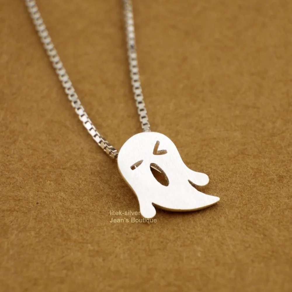 S92-5 Sterling SIL Fashion Jewelry Matt Funny Face -o&lt Ghost Pendant Charm Necklace A2565 | Украшения и аксессуары