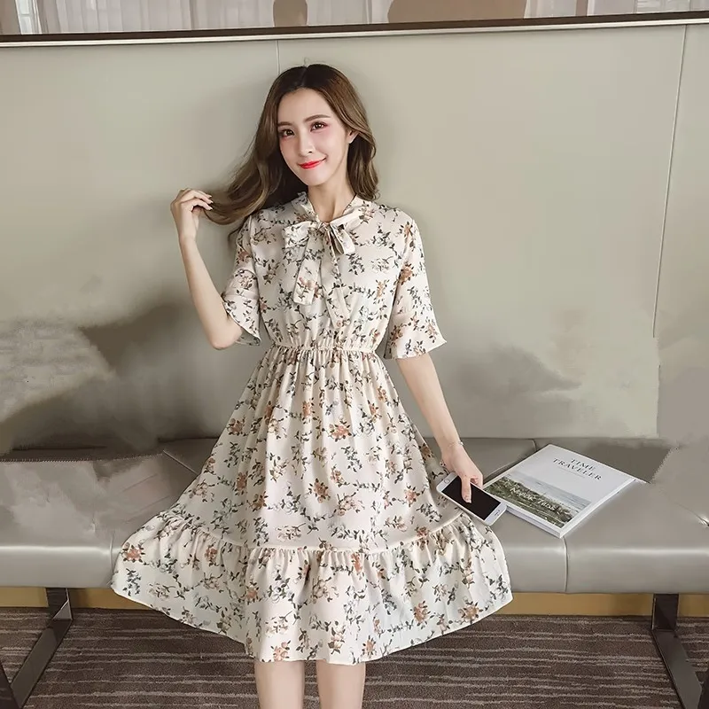 Летнее платье в Корейском стиле шифоновое с цветочным принтом Vestido Mujer S XL бантом