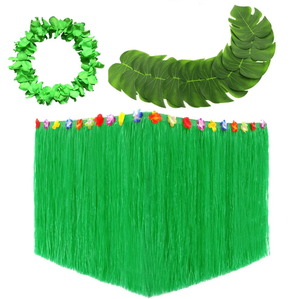 

ZLJQ Green Hawaiian Luau Hibiscus Natural String Colorful Faux Flowers Table Grass Skirt For Birthday Party Events Decor