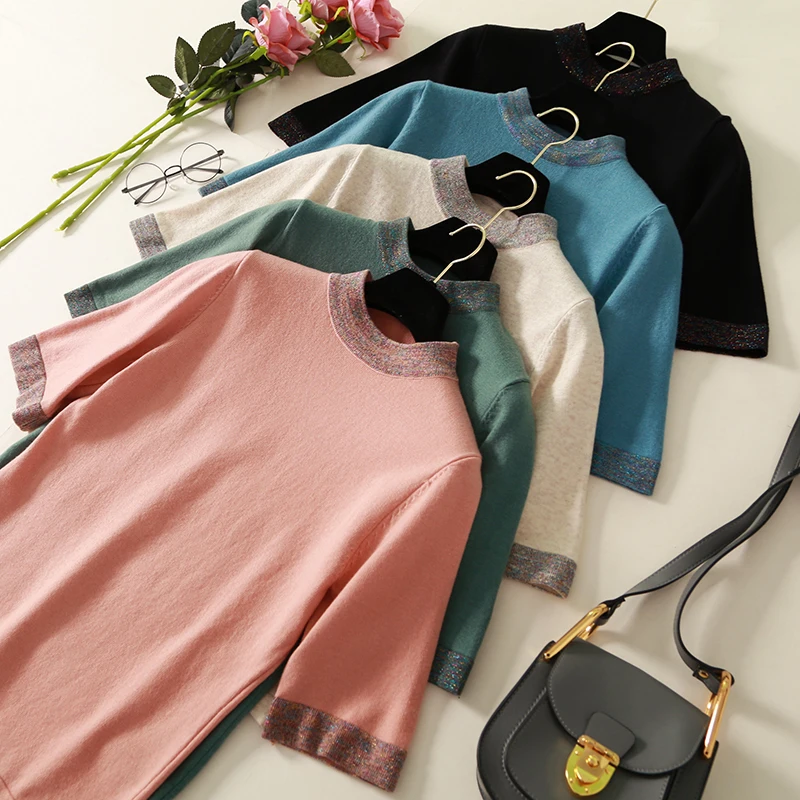 Shiny Lurex Sweater Women Hot Sale Short Sleeve Pullover Basic Sweaters 2019 Korean Style Knit Tops Femme | Женская одежда