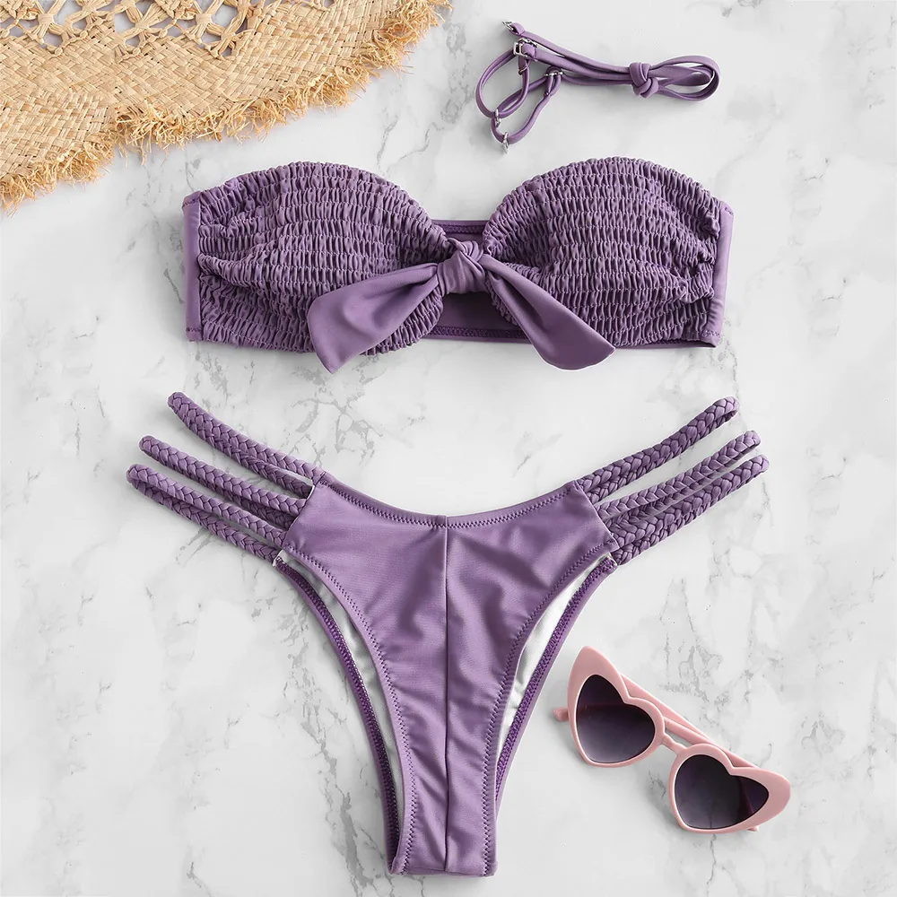 ZAFUL Shirred Заплетенный в узел бандо Бикини 2019 Smocked пляжное бикини с вырезами женский