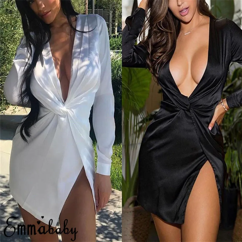 Женское летнее сексуальное атласное платье-рубашка с глубоким v-образным вырезом