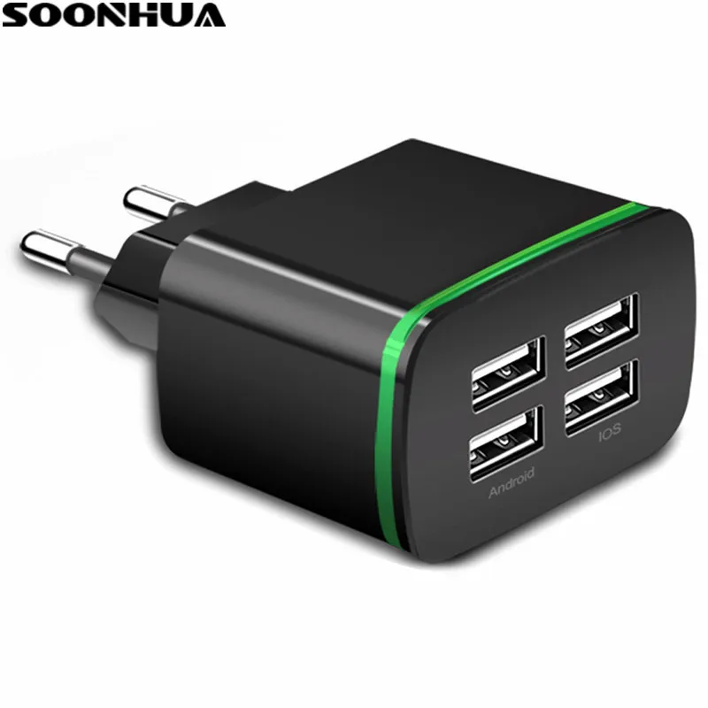 SOONHUA USB 4 порта светодиодная лампа быстрое зарядное устройство Настенная вилка