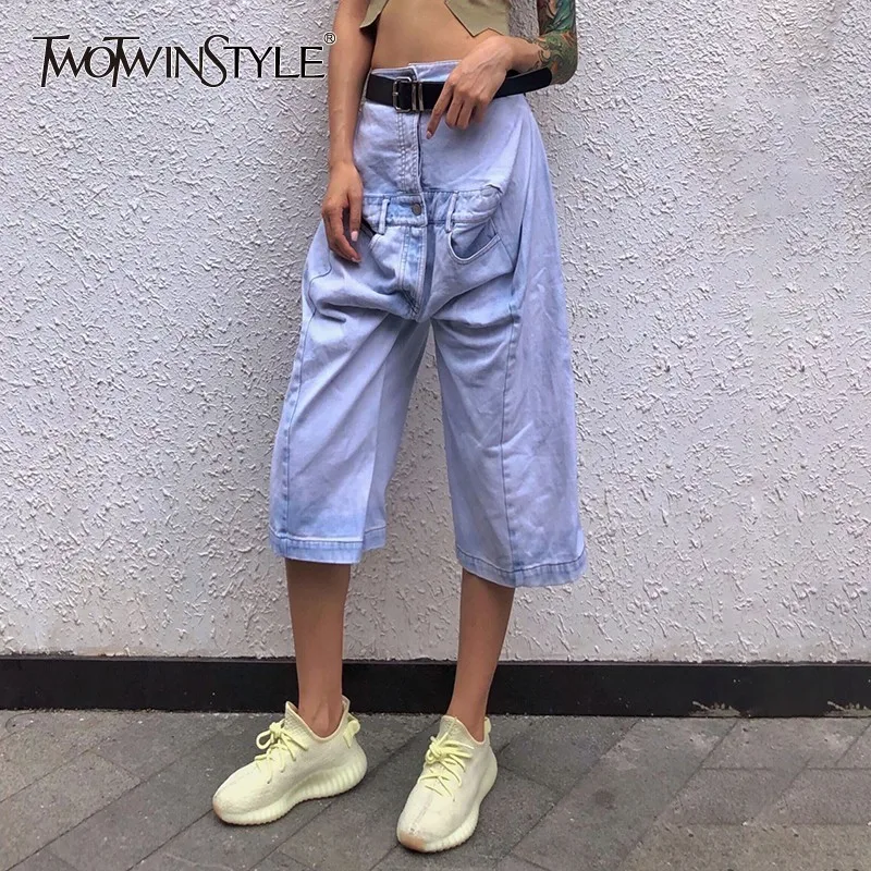 Женские джинсы TWOTWINSTYLE с высокой талией длиной до колена 2020 |