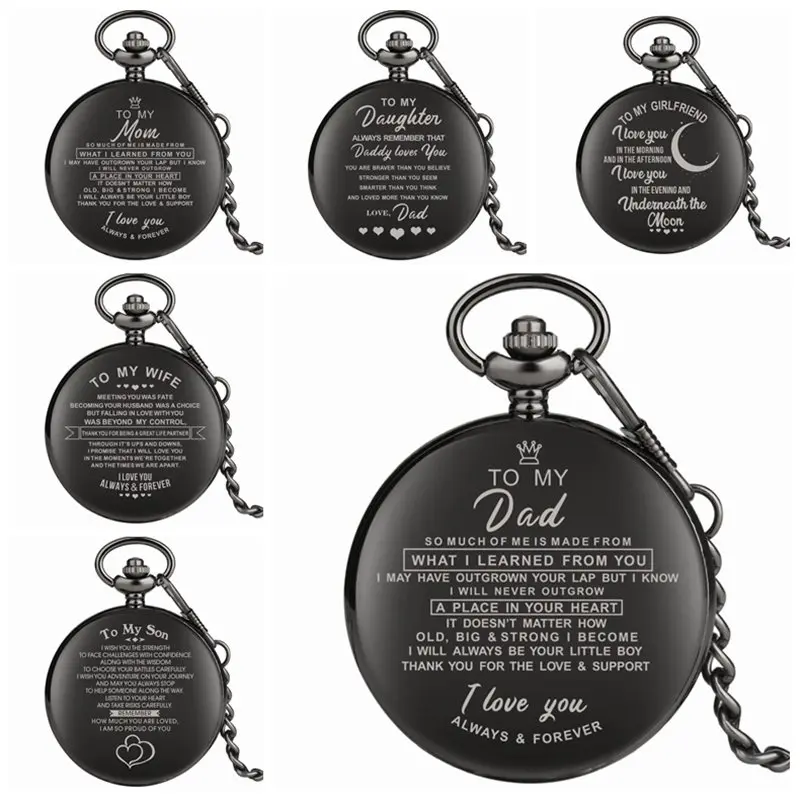 Top Unique Family Gifts Customized Greeting Words I LOVE YOU Theme Quartz Pocket Chain Watch Souvenir Gifts for Dad Mom Son 2020