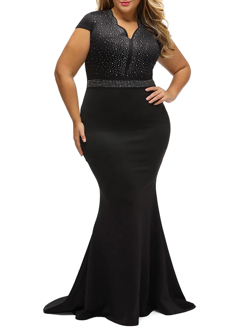 Wipalo Women Rhinestone Embellished Cap Sleeve Plus Size Maxi Dress Formal Party Elegant Trumpet Mermaid Vestidos | Женская одежда