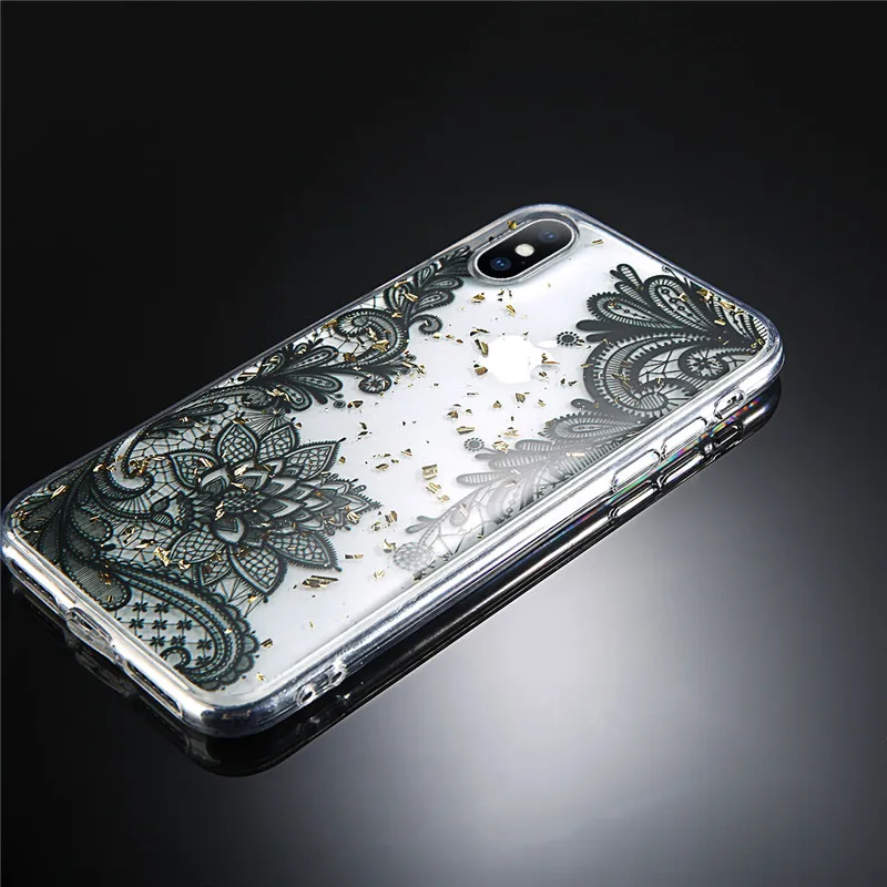 Lovebay New Spangle Luxury Flower Lace Soft Phone Case For Iphone X 6 6s 7 8 Plus XR XS MAX Glossy Covers Capa Coque TPU Pattern |