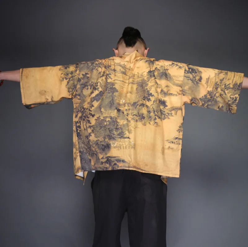 Японские кимоно yukata kimino haori кардиган халат для мужчин черный принт японский Топ