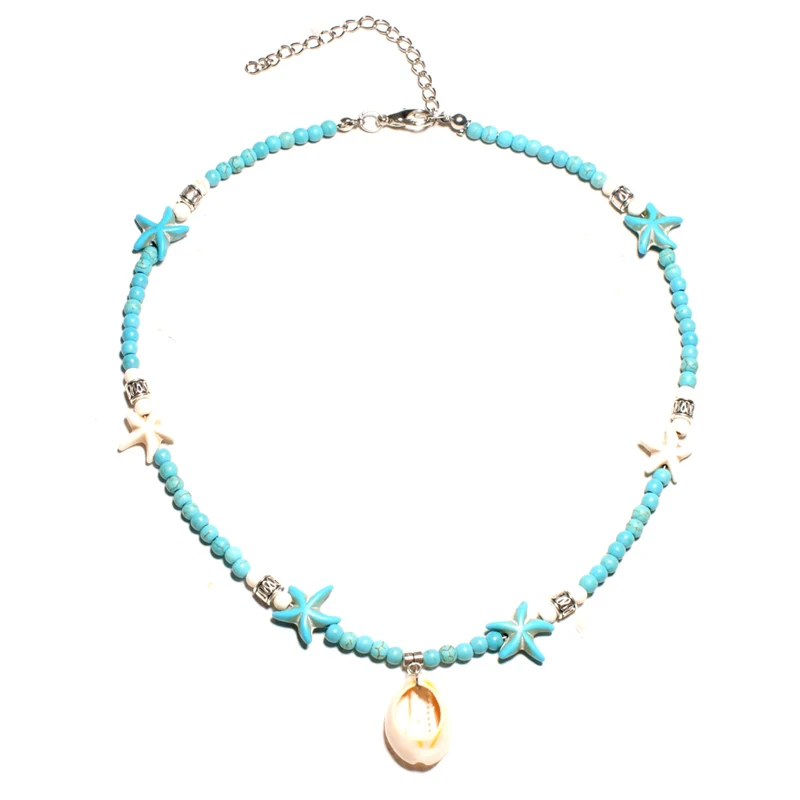 New Design Shell Pendants Starfish Turquoises Beaded Choker Necklace for Women Chic Bib Collier Femme Cowrie | Украшения и