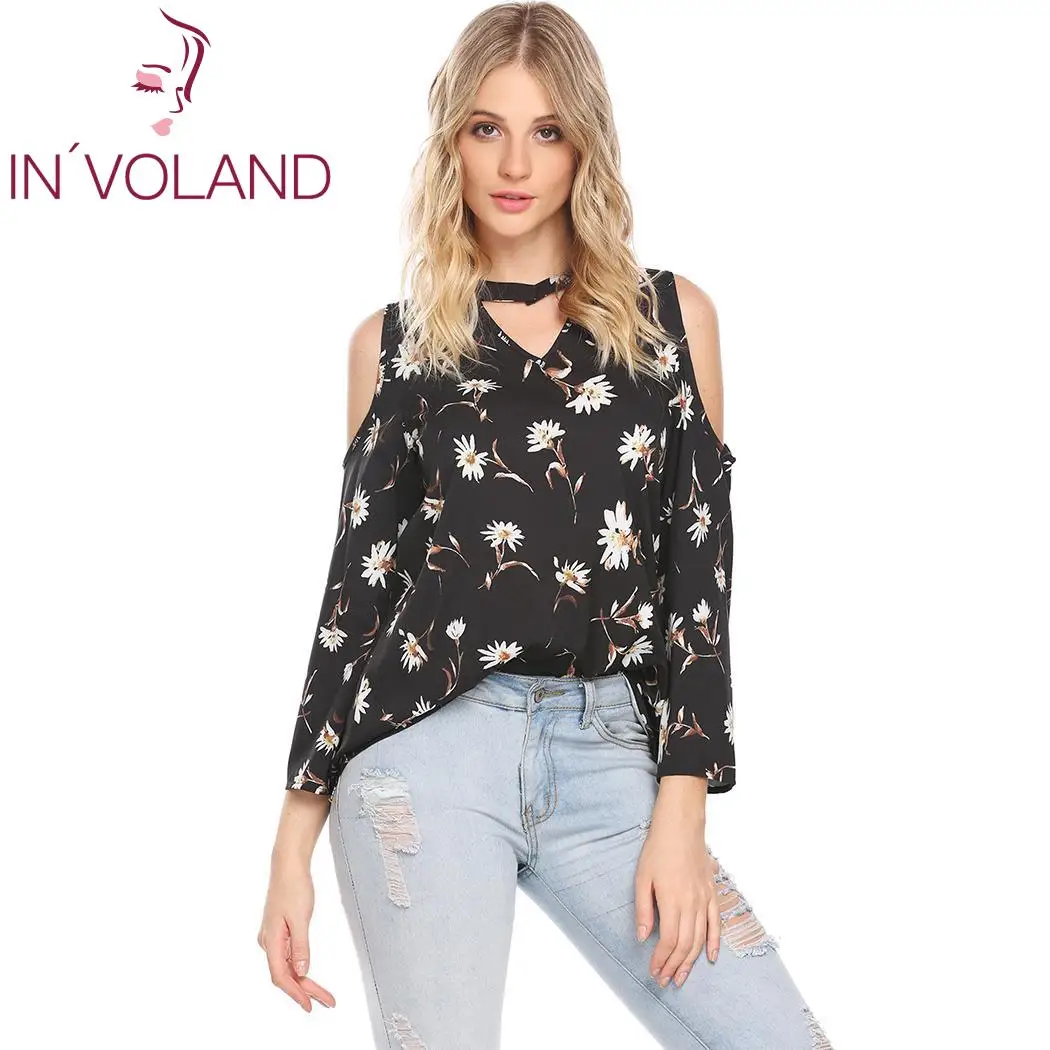 Для женщин холодной плечо с длинным рукавом Cut Out цветочный Повседневное