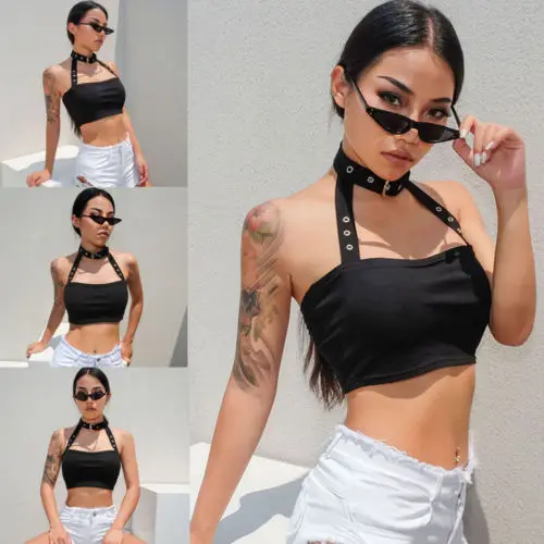 Женский укороченный топ без рукавов Черный Повседневный Топ с лямкой на шее лето