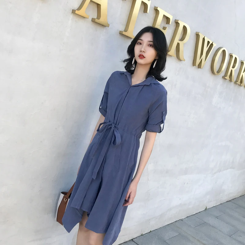 Женское платье рубашка с длинным рукавом асимметричная юбка отложным воротником