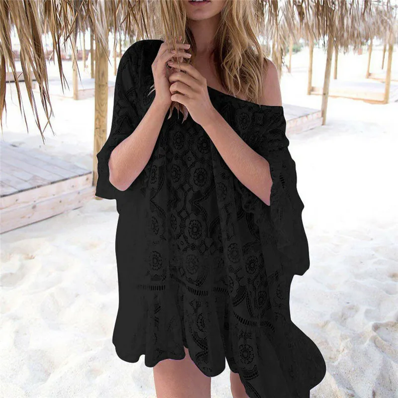 

Summer Women Sexy Lace Crochet Bikini Cover Up 2019 Hollow Out Bathing Suit Cover-up Solid Color Swimwear Cover-ups Beach Dress