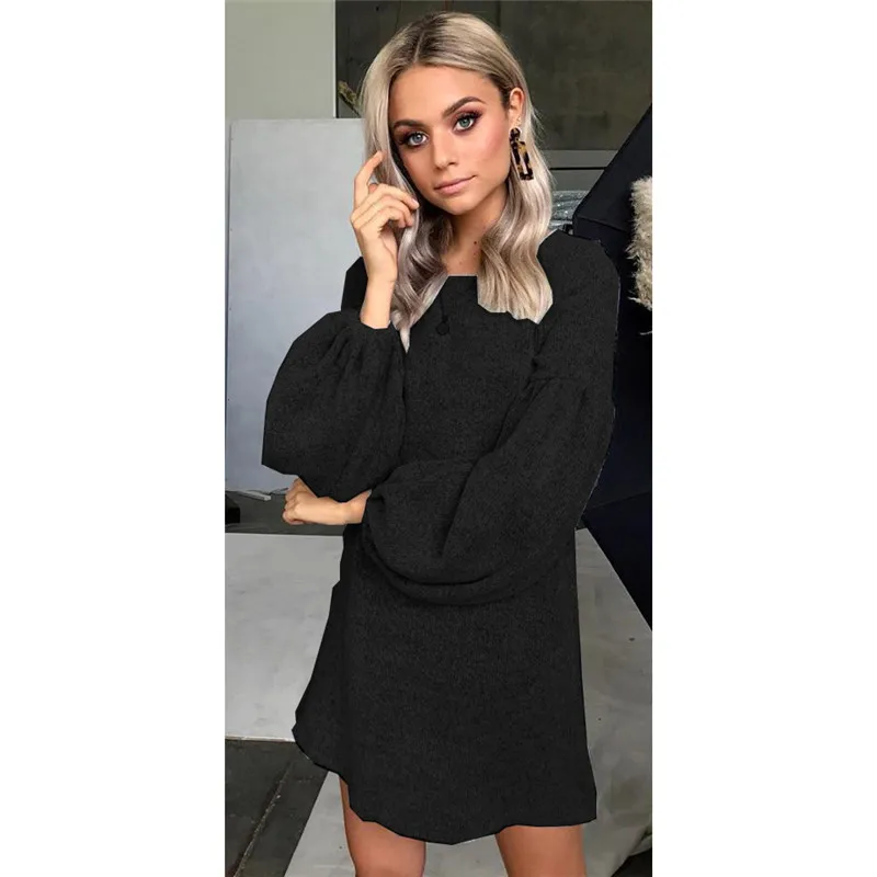Fashion women autumn casual O neck long lantern sleeve solid dress ladies evening party short mini | Женская одежда