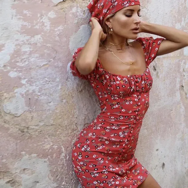 Женское мини платье с цветочным принтом винтажный буф рукавом шифоновое