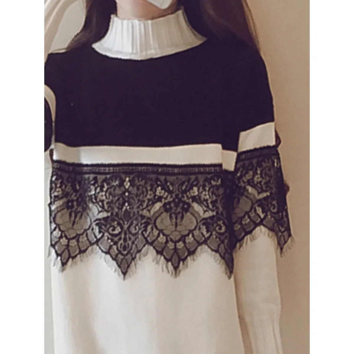 Women Fashion Lace Sweater Dress White Black Color Block Boho Autumn Winter Knitted Loose High Collar | Женская одежда