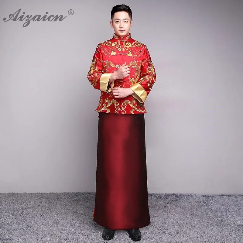 Чонсам для жениха с красной вышивкой мужские свадебные платья в восточном стиле