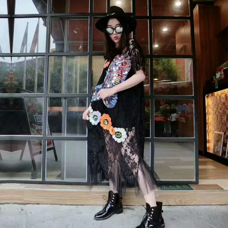 QING MO Sequin Eagle Dress Women Holes Lace Flower Short Sleeve Black Long Patchwork Summer Clothing ZLDM111 | Женская одежда